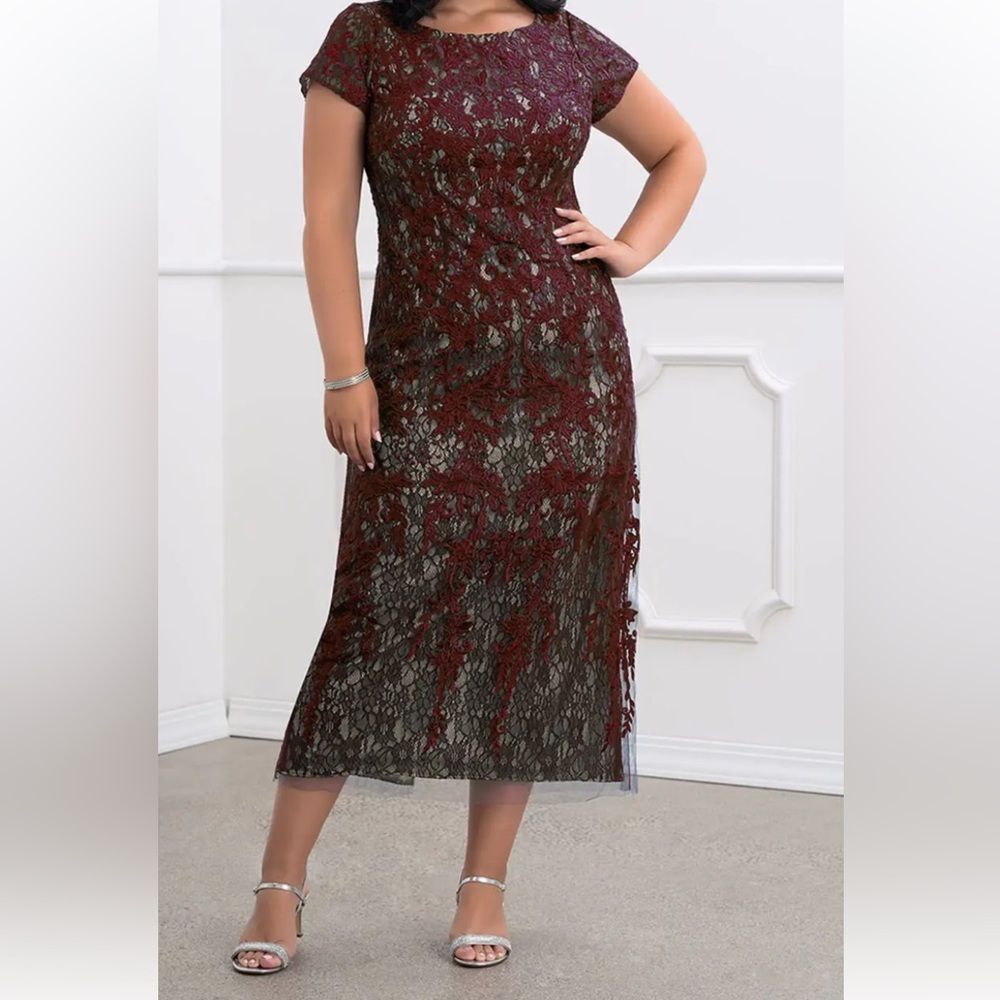 Azazie Alyssum Bodice Ballerina Midi Dress Chanktilly Lace Formal Party Cabernet